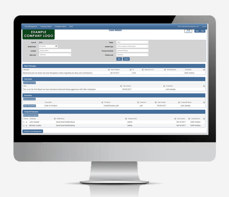 Whistleblower Hotline Case Management screen