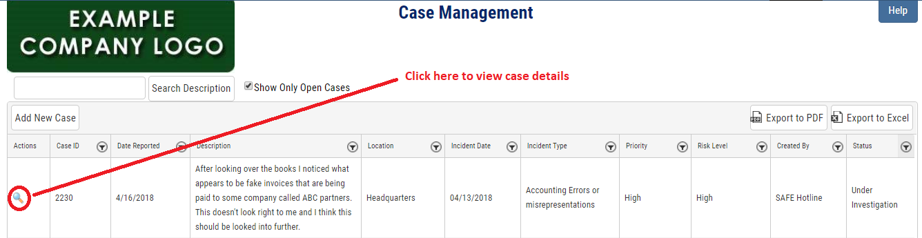 Safe Hotline Ethics Reporting Case Management Selection Screenshot