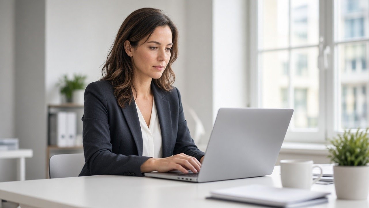 Professional reviewing a confidential report on a laptop